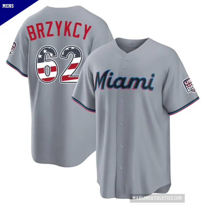 Men's No.62 Zach Brzykcy Miami Marlins Gray Limited USA 250 Fourth Of July Road Stadium Jersey