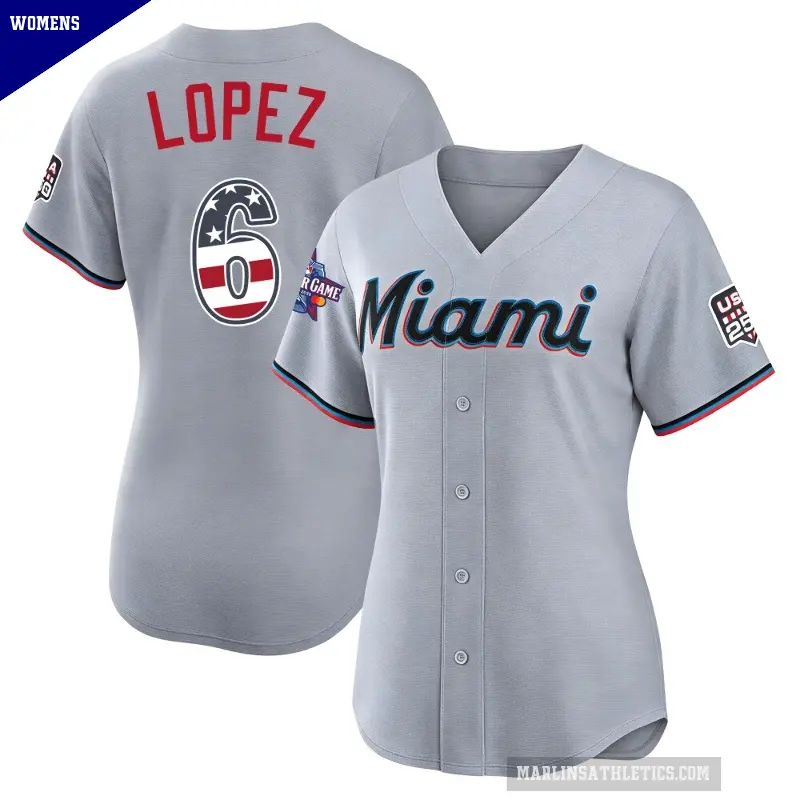 Women's No.6 Otto Lopez Miami Marlins Gray Limited 2026 All-Star Edition Stars & Stripes Road Stadium Jersey
