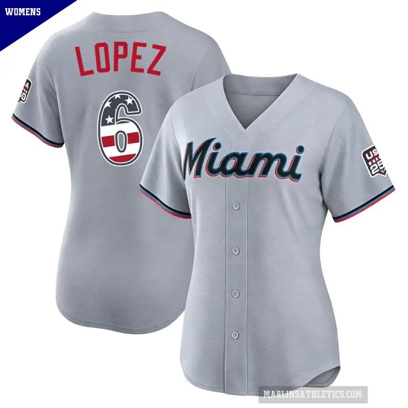 Women's No.6 Otto Lopez Miami Marlins Gray Limited USA 250 Fourth Of July Road Stadium Jersey