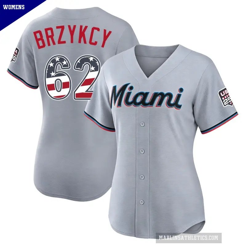 Women's No.62 Zach Brzykcy Miami Marlins Gray Limited USA 250 Fourth Of July Road Stadium Jersey