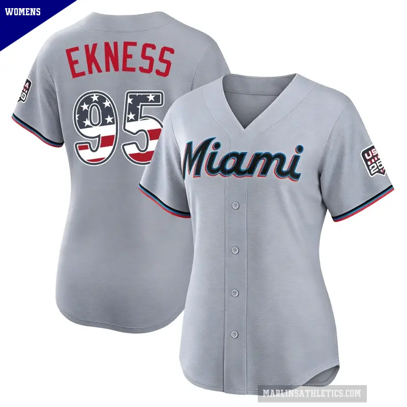 Women's No.95 Josh Ekness Miami Marlins Gray Limited USA 250 Fourth Of July Road Stadium Jersey