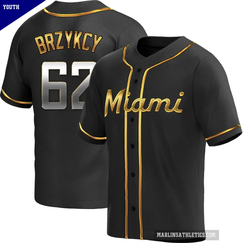 Youth No.62 Zach Brzykcy Miami Marlins Gold Replica Black en Alternate Jersey